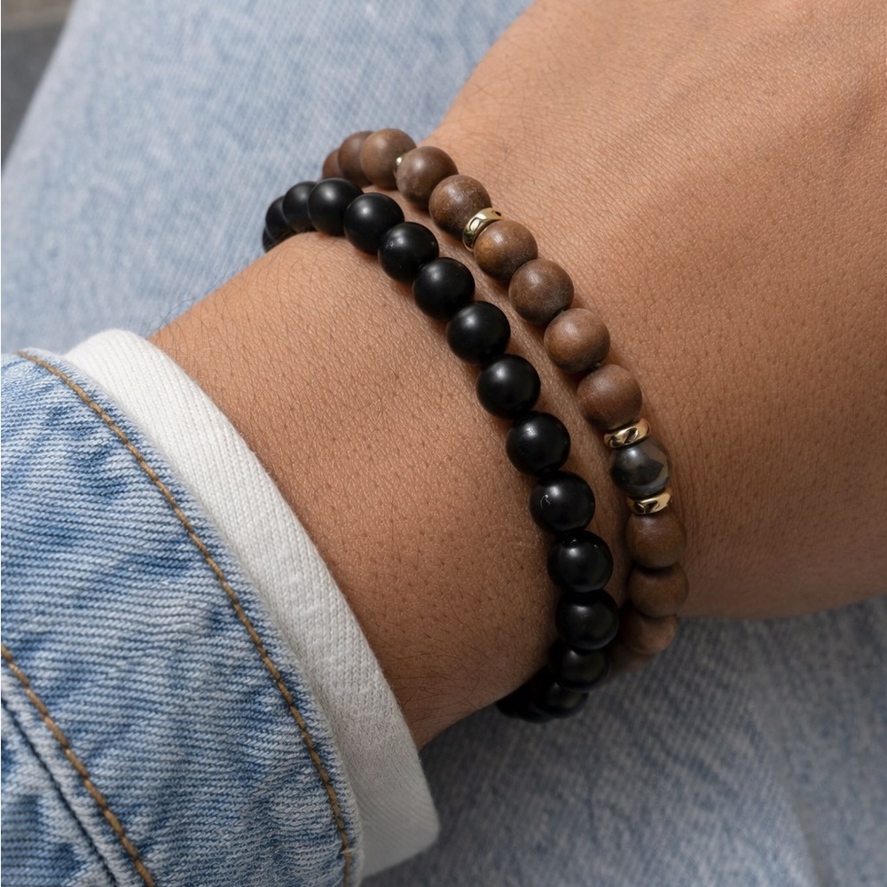 Bracelets Obsidienne Noire & Bois – Set 2